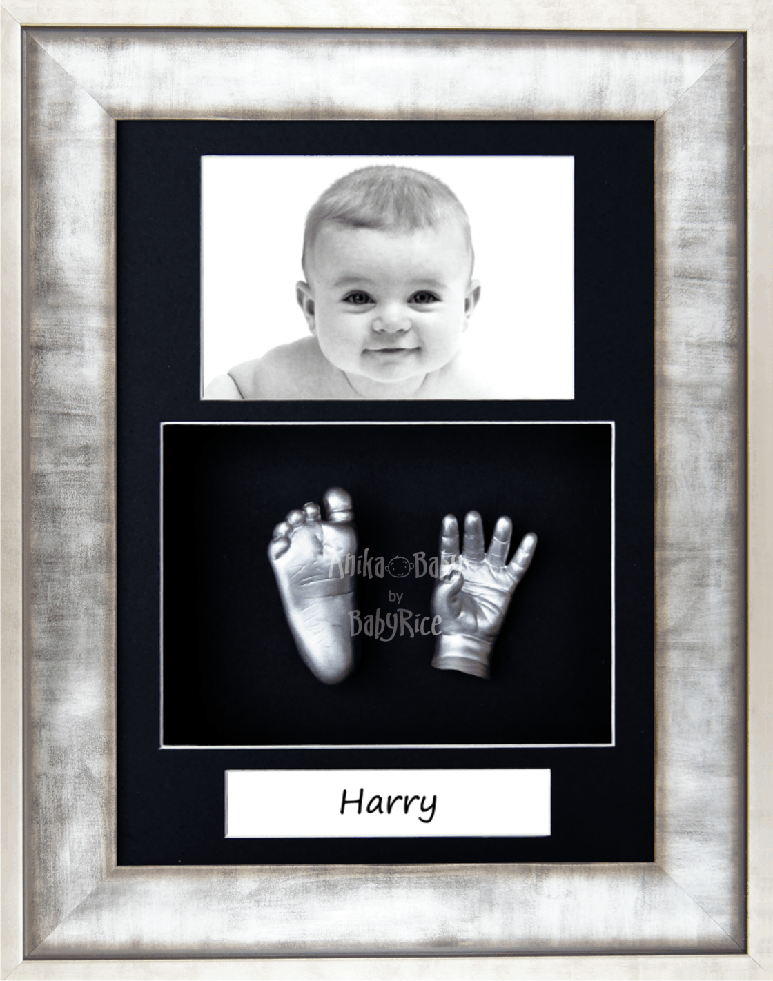 BabyRice Baby Hand /& Footprints Kit//Black Inkless Prints//Urban Silver Metals effect Frame with White Mount Display
